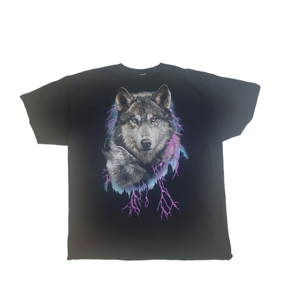 Vintage Graphic Mens Y2K 90s Wolves Lighting‎ Strike FOTL Tee Size Large
